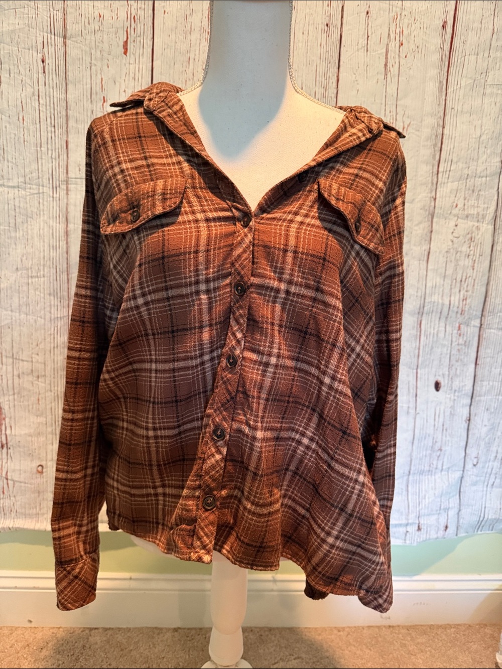 wild fable Brown Plaid Button-Front Hooded Jacket